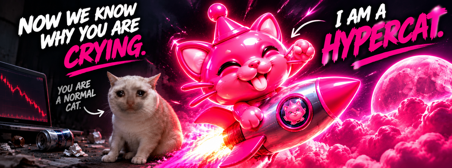 CashCat, a normal cat, crying beside HYPERCAT flying on a rocket